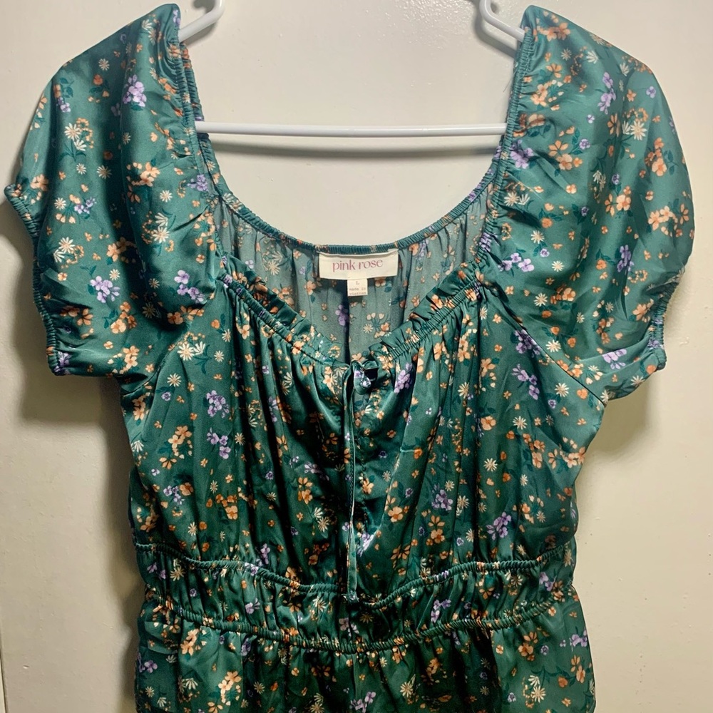 Pink Rose Green Floral Satin Puff Sleeve Smocked Peplum Top PF2W12333 Large